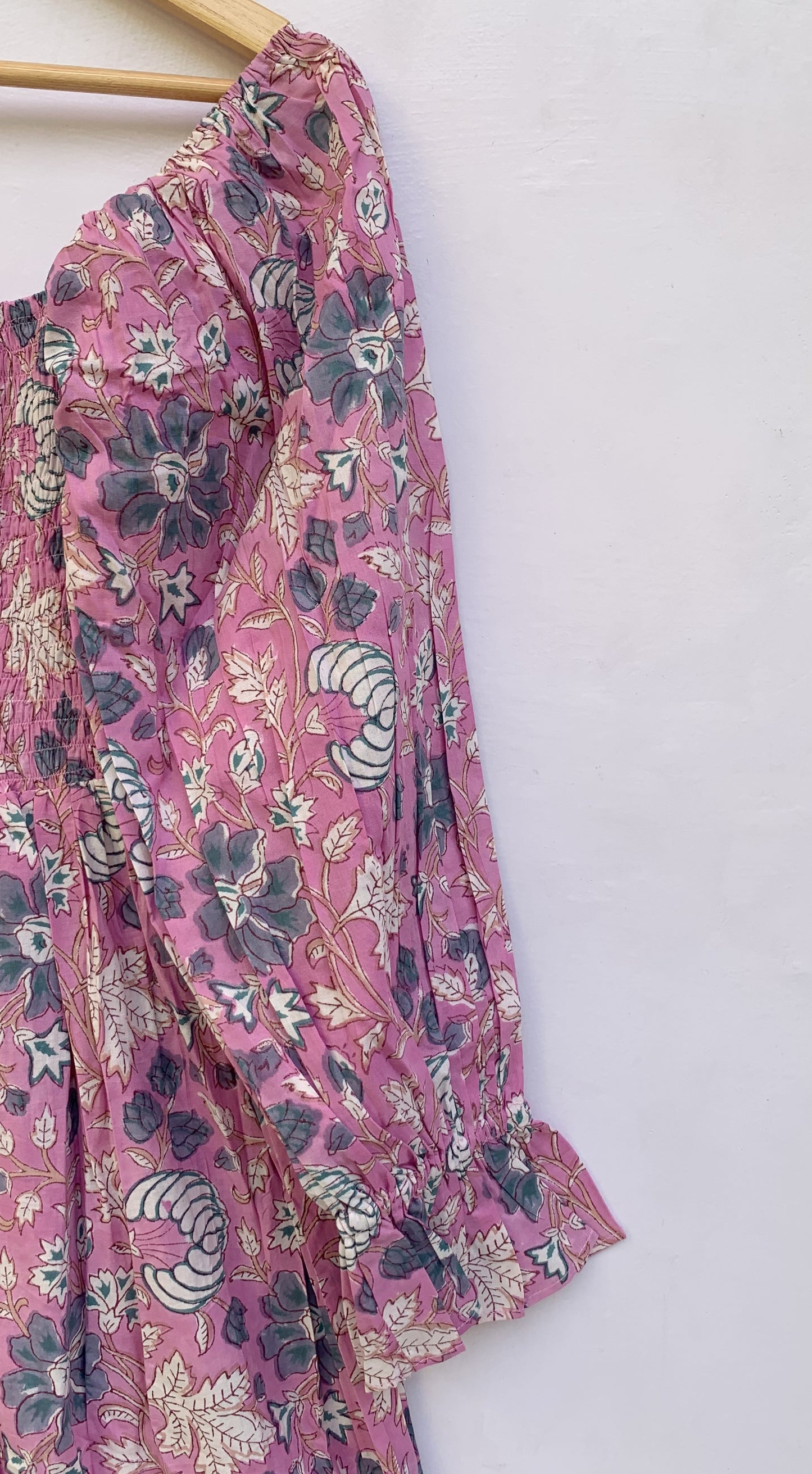 Dusty Rose Floral Hand Block Printed Cotton Dress – Smocked Bodice Boho Midi Dress with Puff Sleeves