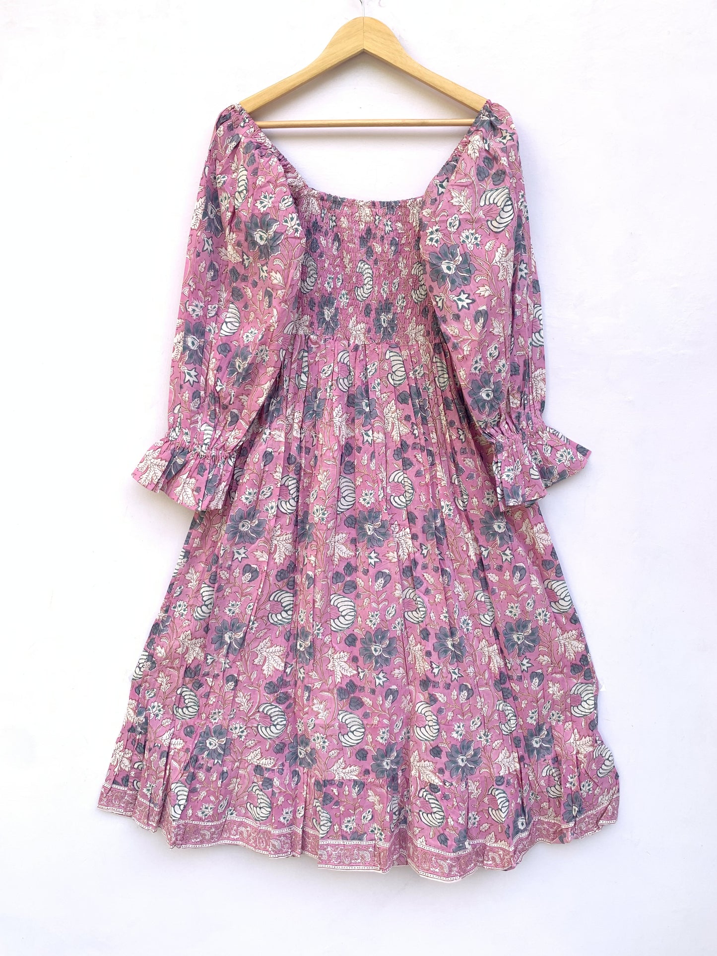 Dusty Rose Floral Hand Block Printed Cotton Dress – Smocked Bodice Boho Midi Dress with Puff Sleeves