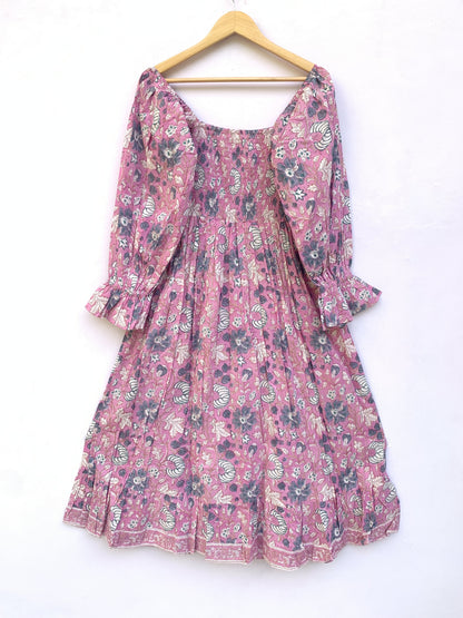 Dusty Rose Floral Hand Block Printed Cotton Dress – Smocked Bodice Boho Midi Dress with Puff Sleeves