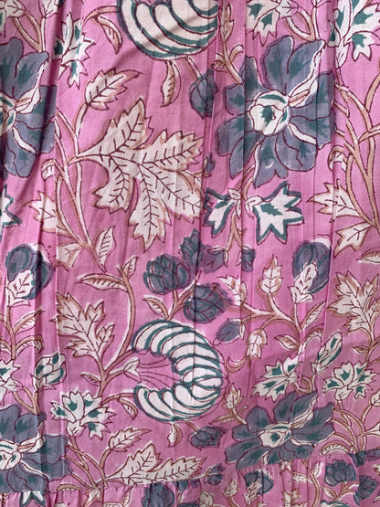 Dusty Rose Floral Hand Block Printed Cotton Dress – Smocked Bodice Boho Midi Dress with Puff Sleeves