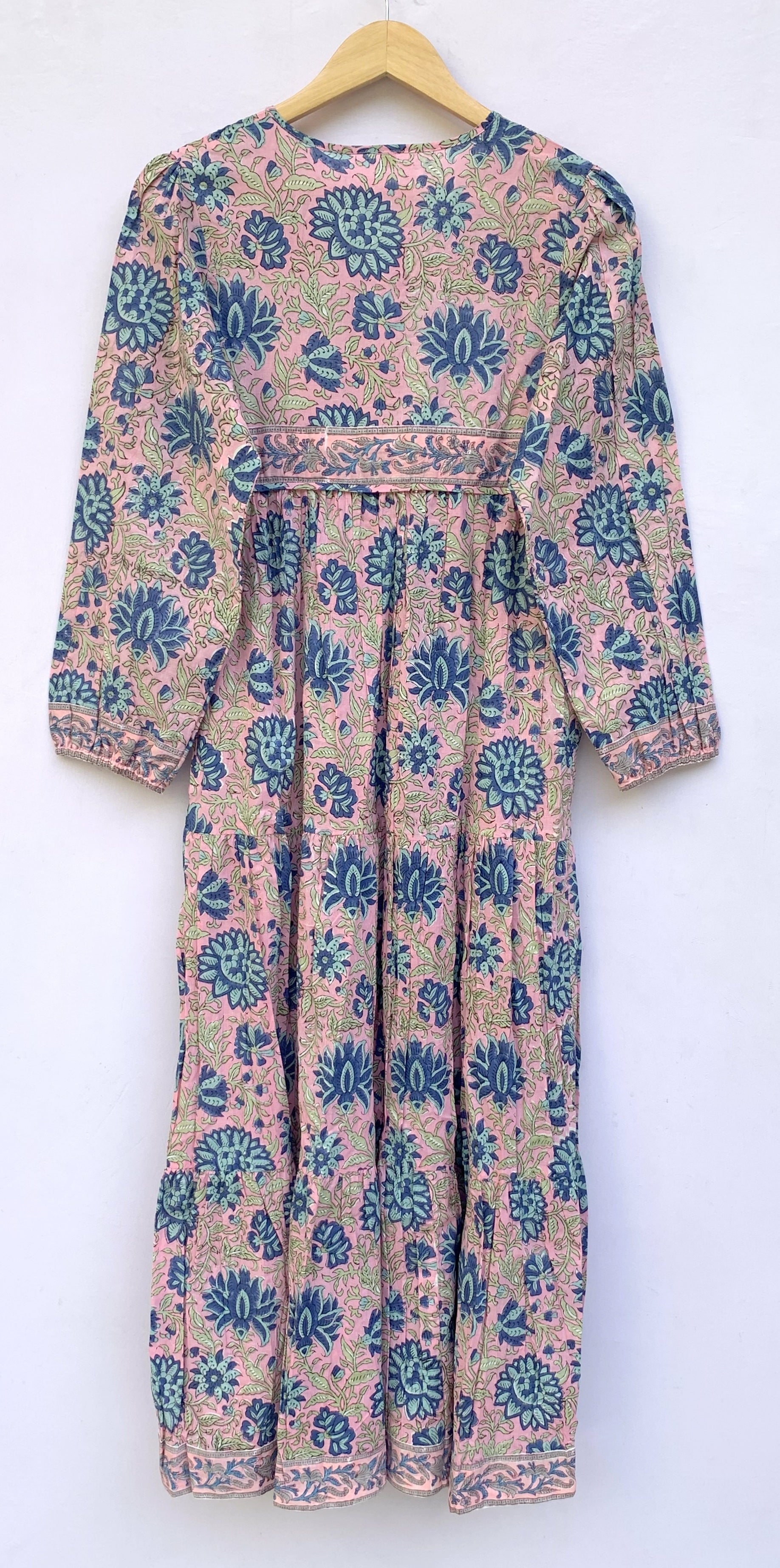 indian pink-blue floral block printed women's maxi dress - V neckline with tassels cotton boho maxi dress