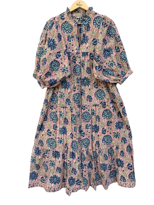 pink-blue floral block printed women's maxi dress - frill collar with belt cotton long dress - 3/4th sleeves boho dress