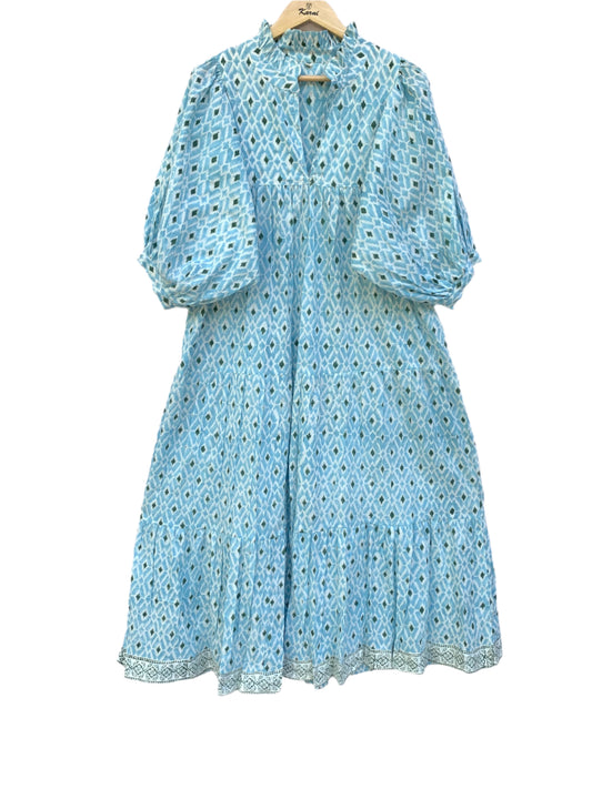 cotton blue geometrical pattern printed women's maxi dress - frill collar with belt long dress