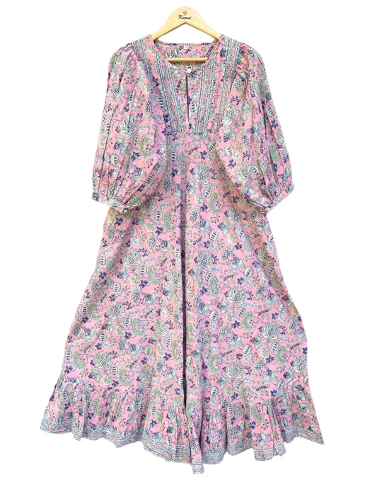 stylish pink-blue floral printed women's maxi dress - hanley neckline with buttons cotton dress