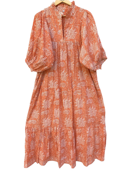 indian cotton orange floral block printed women's maxi dress - V neckline with belt boho dress