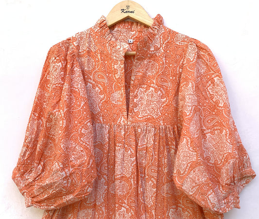 indian cotton orange floral block printed women's maxi dress - V neckline with belt boho dress