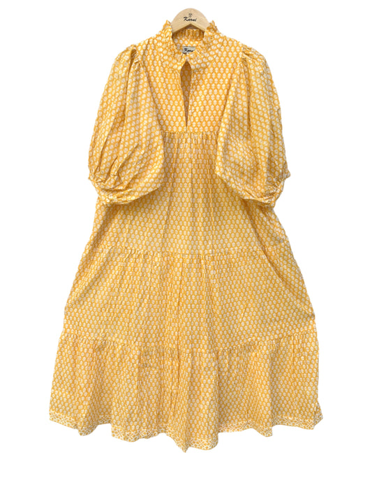 cotton yellow floral block printed women's maxi dress - frill collar wit belt boho dress