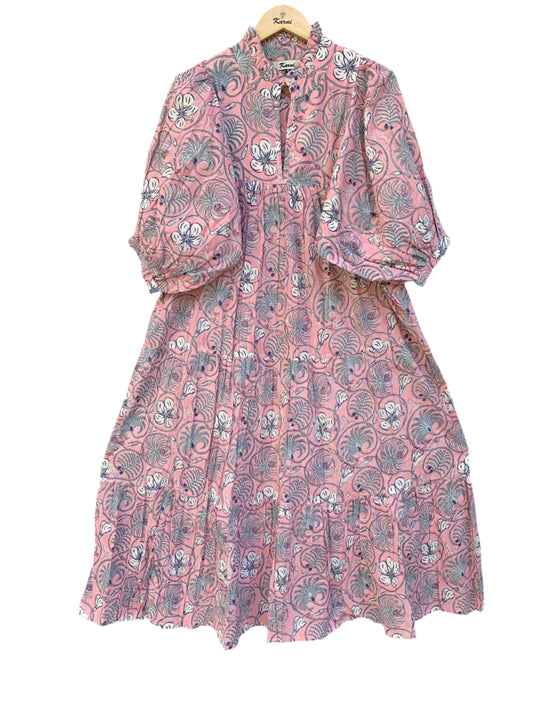 bohemian pink-blue floral printed women's maxi dress - V neckline with belt long dress