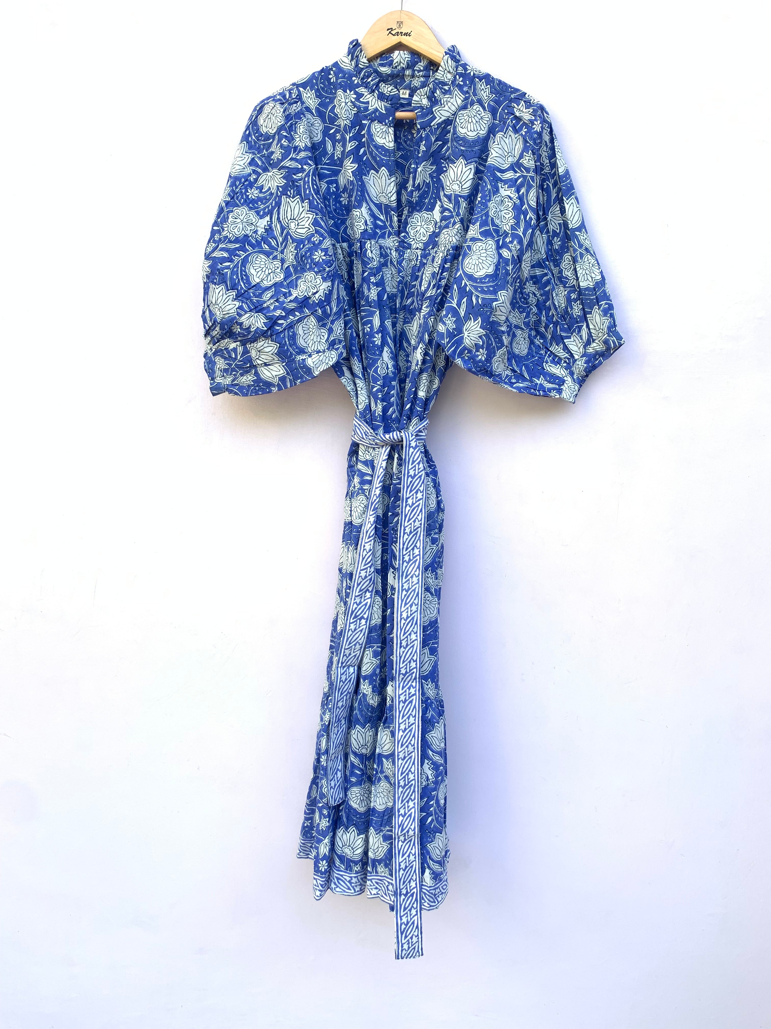 blue flower block printed women's maxi dress - cotton maxi dress with belt