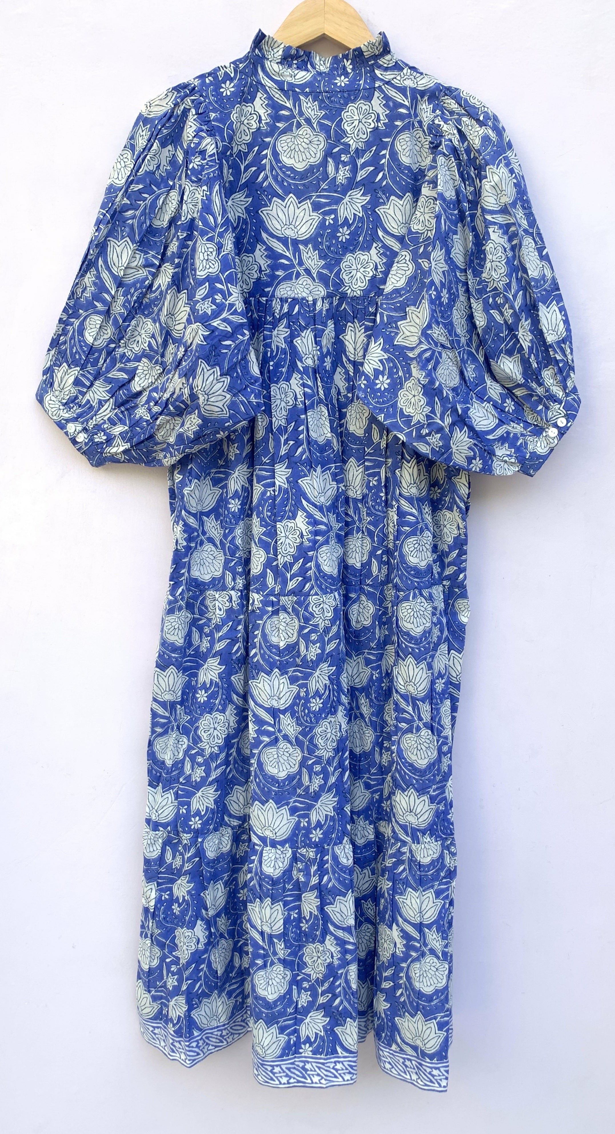 blue flower block printed women's maxi dress - cotton maxi dress with belt