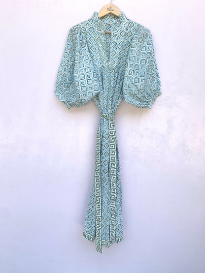 blue geometrical pattern printed women's maxi dress