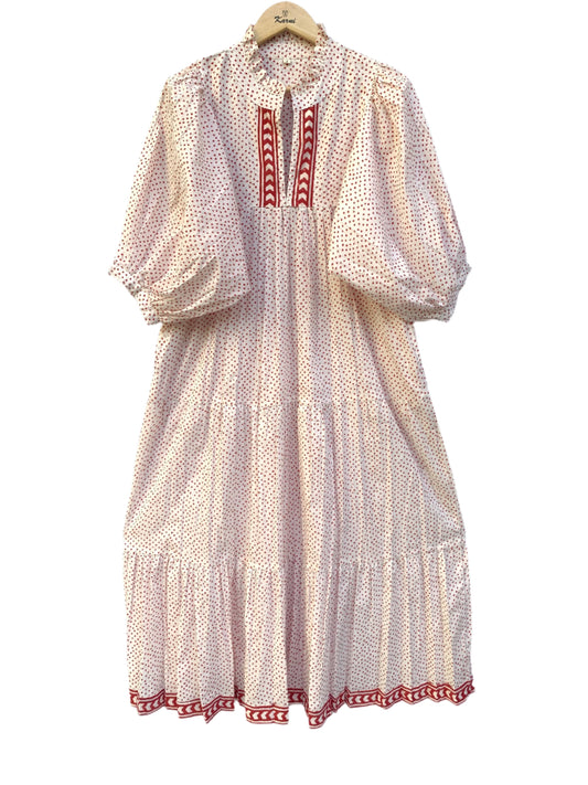 red doted block printed women's cotton maxi dress
