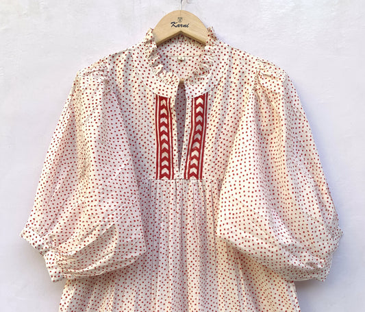 red doted block printed women's cotton maxi dress