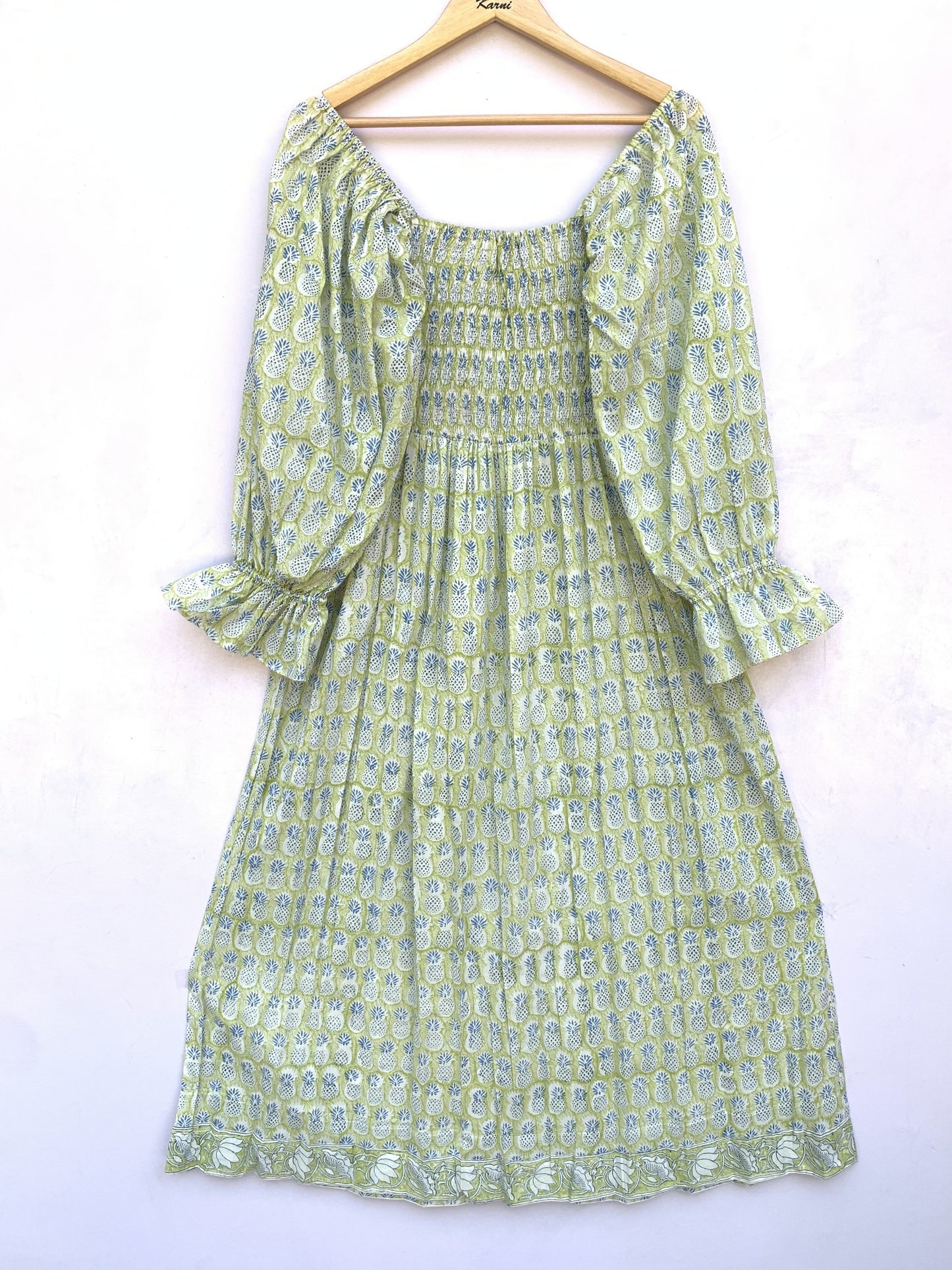 Sage Green Hand Block Printed Cotton Dress – Smocked Bodice Boho Midi Dress with Puff Sleeves