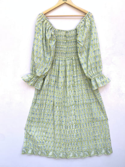 Sage Green Hand Block Printed Cotton Dress – Smocked Bodice Boho Midi Dress with Puff Sleeves