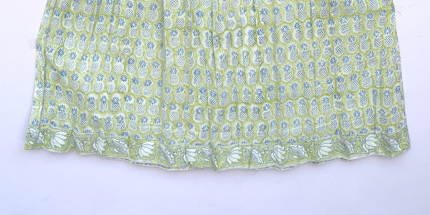 Sage Green Hand Block Printed Cotton Dress – Smocked Bodice Boho Midi Dress with Puff Sleeves