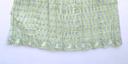 Sage Green Hand Block Printed Cotton Dress – Smocked Bodice Boho Midi Dress with Puff Sleeves