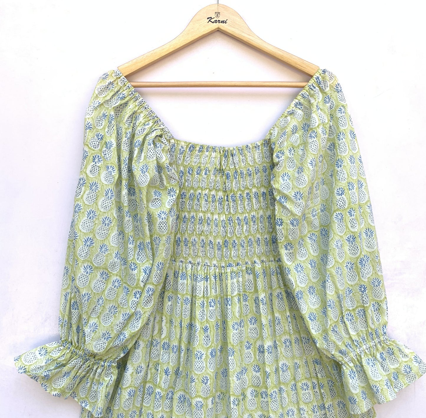 Sage Green Hand Block Printed Cotton Dress – Smocked Bodice Boho Midi Dress with Puff Sleeves