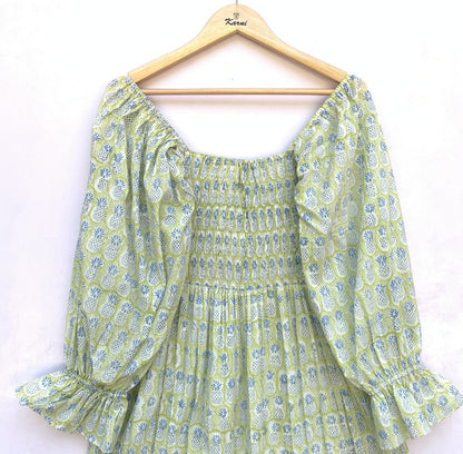 Sage Green Hand Block Printed Cotton Dress – Smocked Bodice Boho Midi Dress with Puff Sleeves
