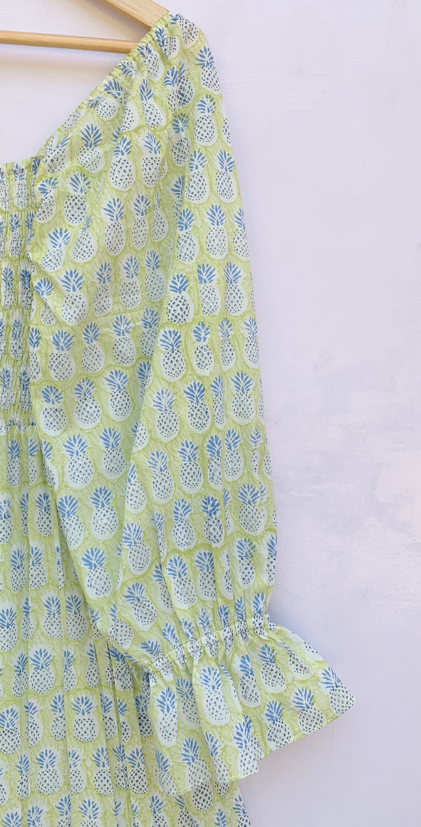 Sage Green Hand Block Printed Cotton Dress – Smocked Bodice Boho Midi Dress with Puff Sleeves