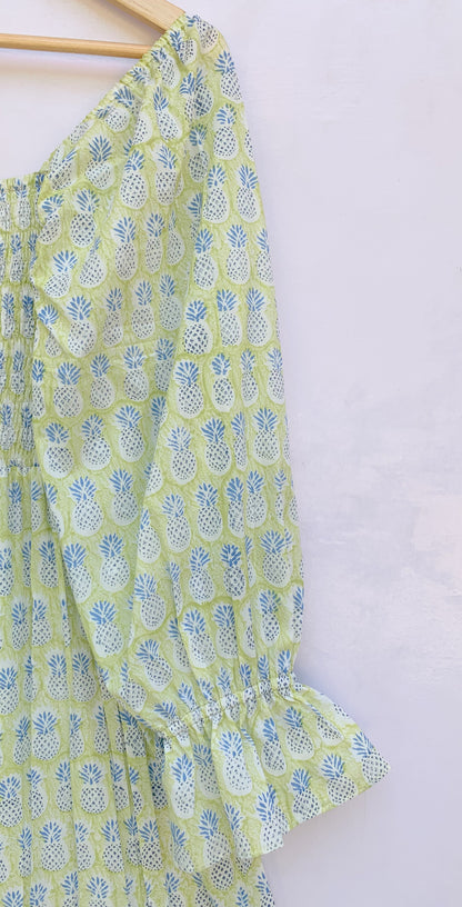 Sage Green Hand Block Printed Cotton Dress – Smocked Bodice Boho Midi Dress with Puff Sleeves