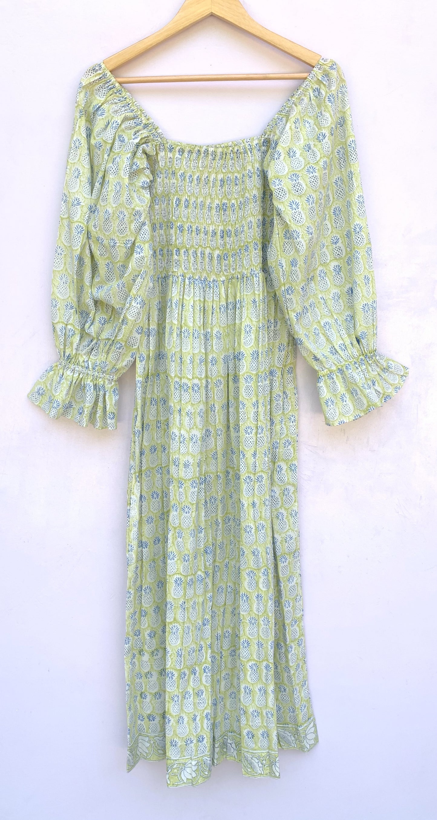 Sage Green Hand Block Printed Cotton Dress – Smocked Bodice Boho Midi Dress with Puff Sleeves