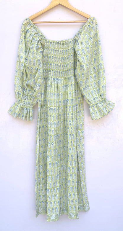 Sage Green Hand Block Printed Cotton Dress – Smocked Bodice Boho Midi Dress with Puff Sleeves