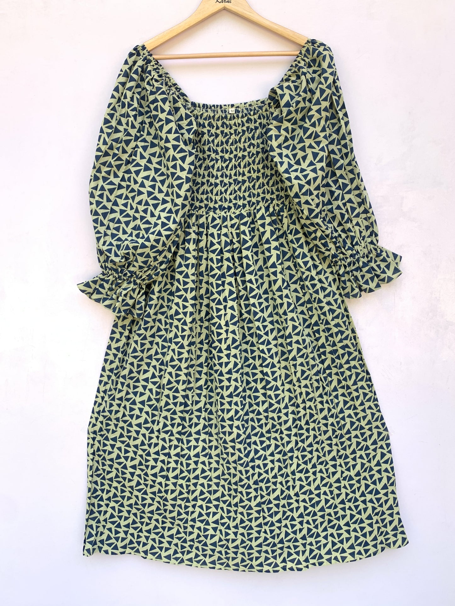 Olive Green Hand Block Printed Cotton Dress – Smocked Bodice Boho Midi Dress with Puff Sleeves