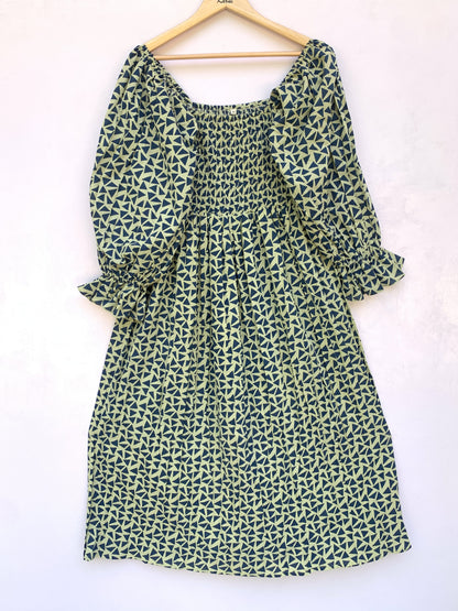 Olive Green Hand Block Printed Cotton Dress – Smocked Bodice Boho Midi Dress with Puff Sleeves