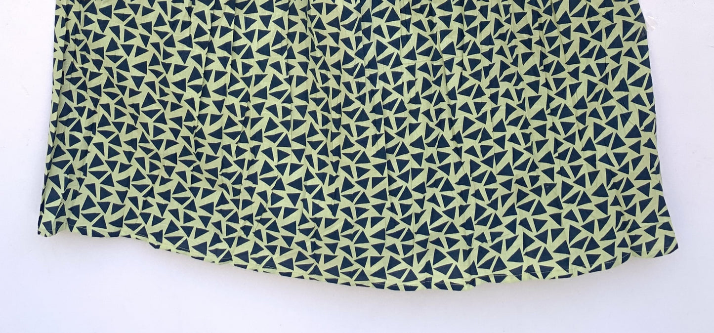 Olive Green Hand Block Printed Cotton Dress – Smocked Bodice Boho Midi Dress with Puff Sleeves