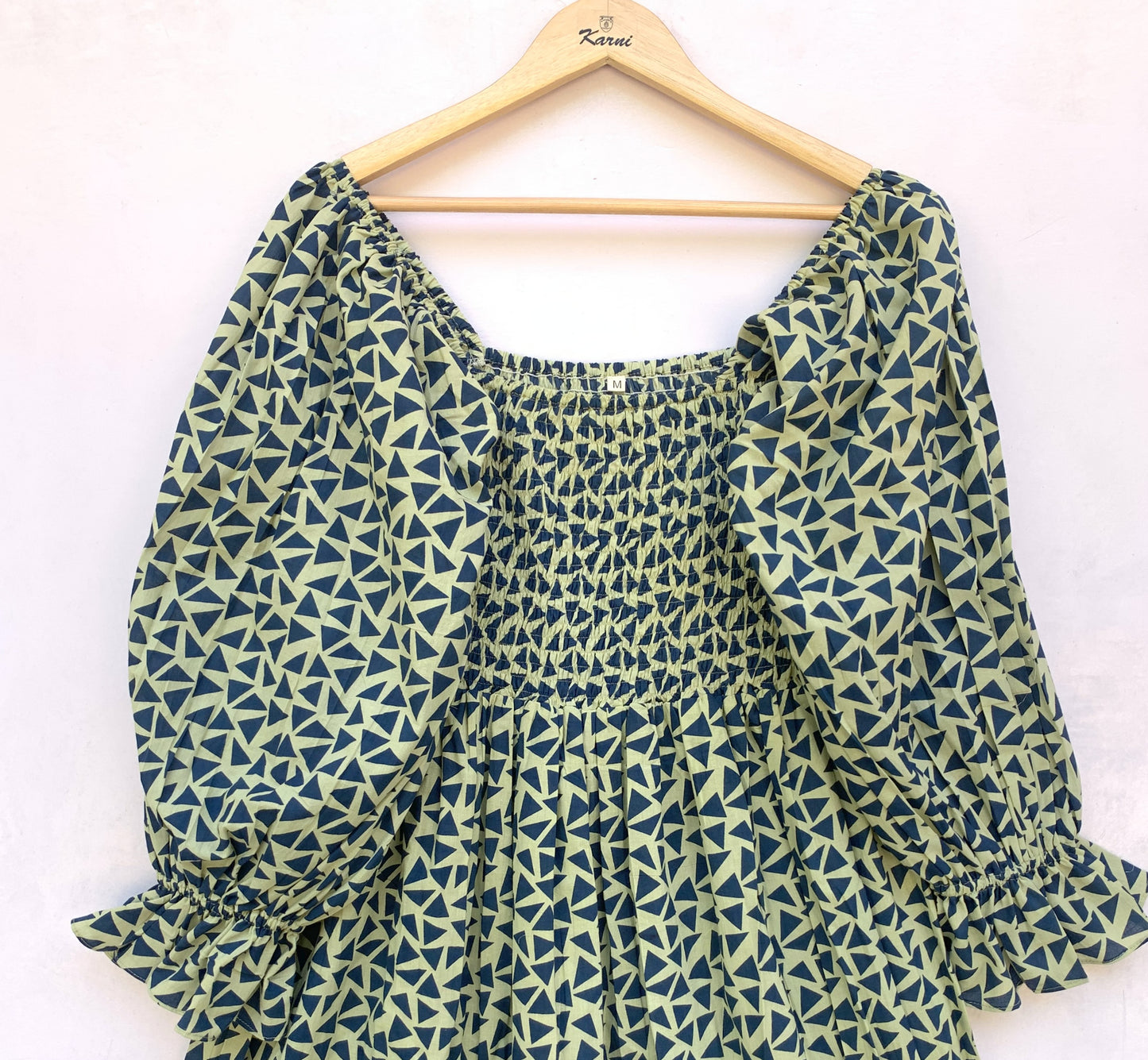 Olive Green Hand Block Printed Cotton Dress – Smocked Bodice Boho Midi Dress with Puff Sleeves