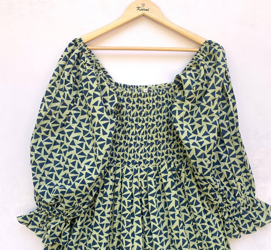 Olive Green Hand Block Printed Cotton Dress – Smocked Bodice Boho Midi Dress with Puff Sleeves