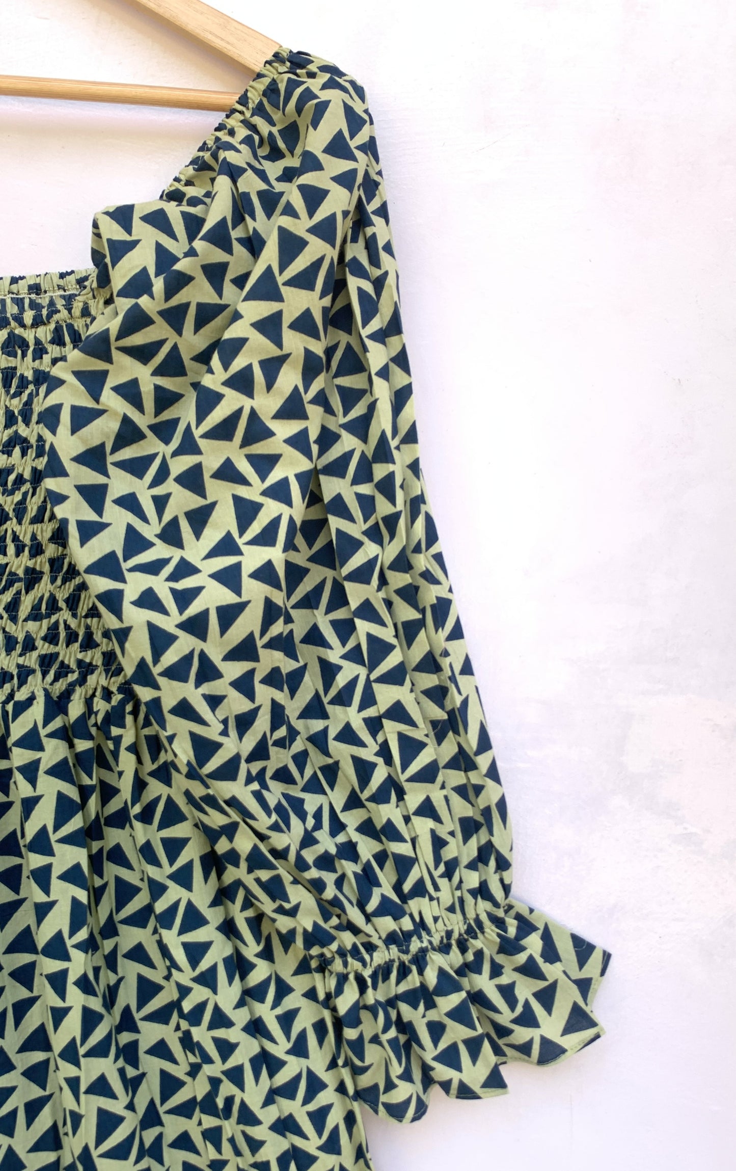 Olive Green Hand Block Printed Cotton Dress – Smocked Bodice Boho Midi Dress with Puff Sleeves