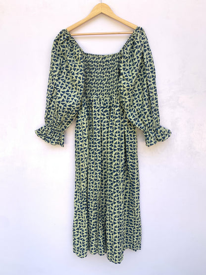 Olive Green Hand Block Printed Cotton Dress – Smocked Bodice Boho Midi Dress with Puff Sleeves