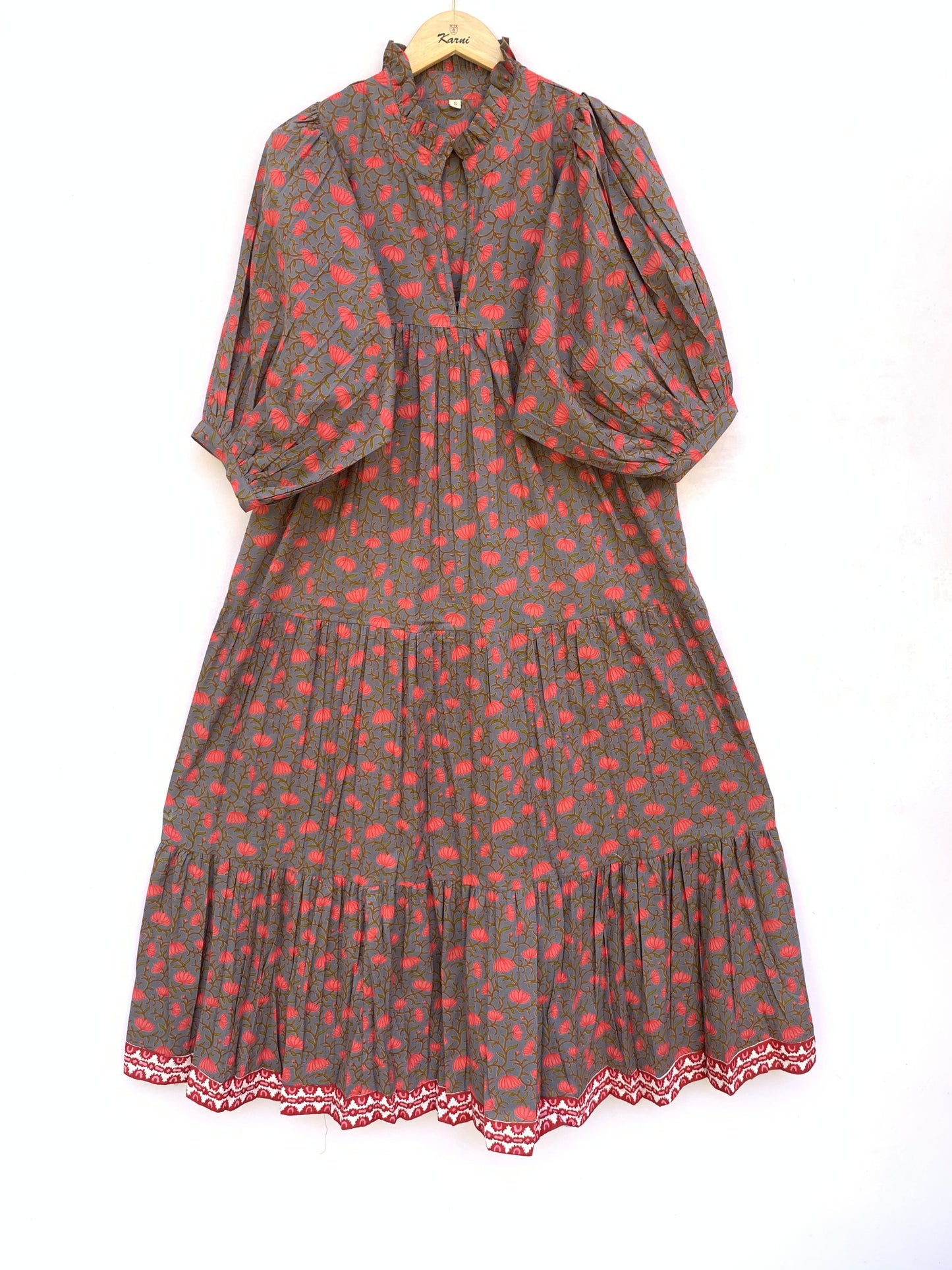 dark gray-red floral printed women's maxi dress