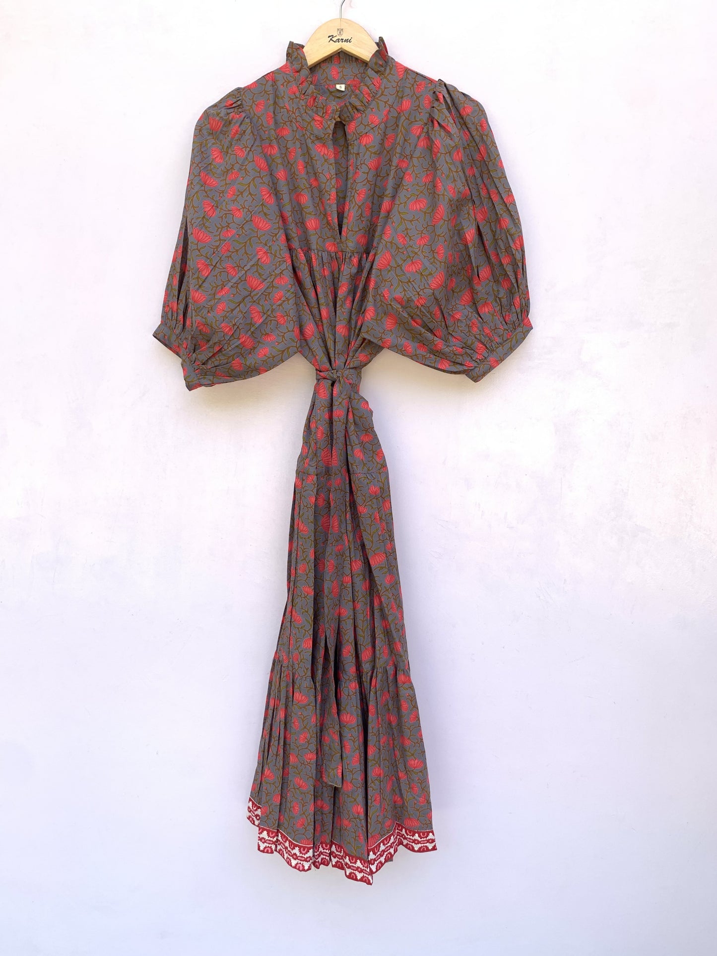dark gray-red floral printed women's maxi dress