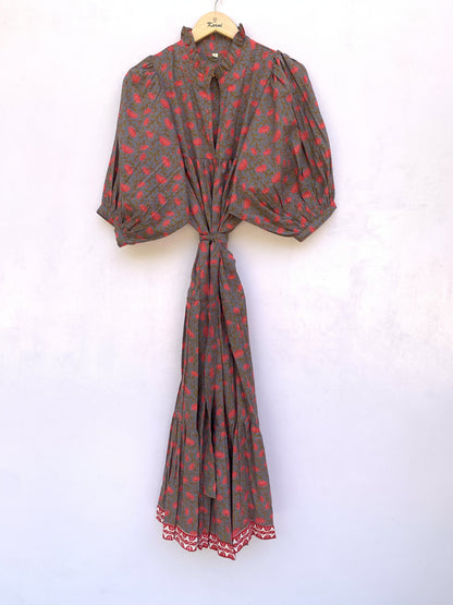 dark gray-red floral printed women's maxi dress