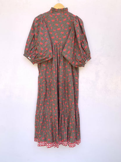 dark gray-red floral printed women's maxi dress