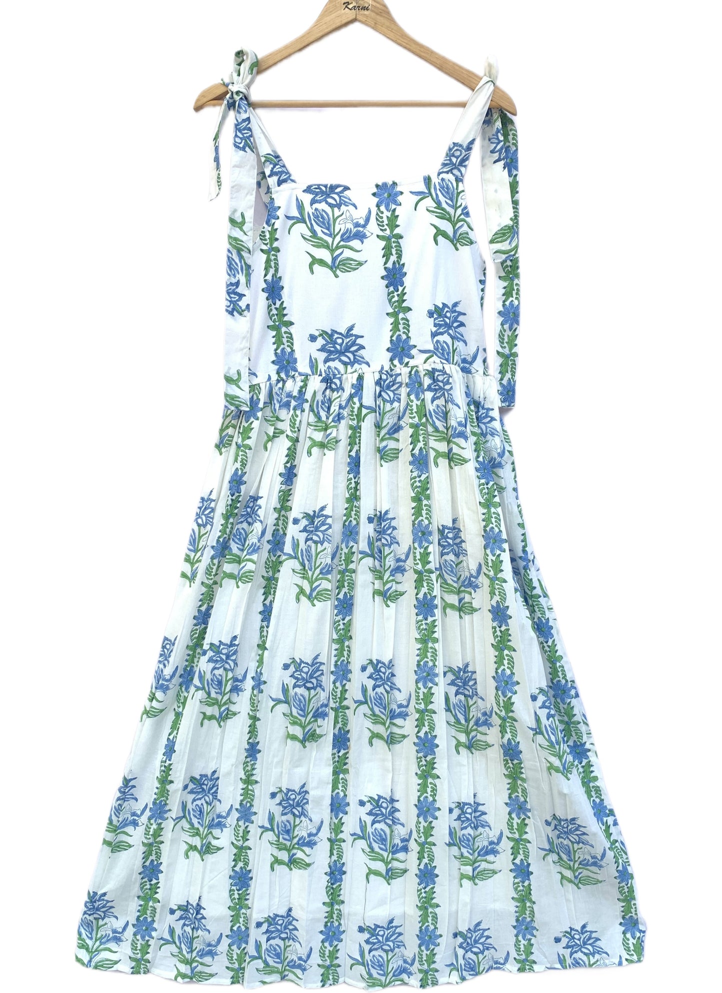 Blue Floral Hand Block Printed Cotton Midi Dress – Tie Strap Boho Summer Dress