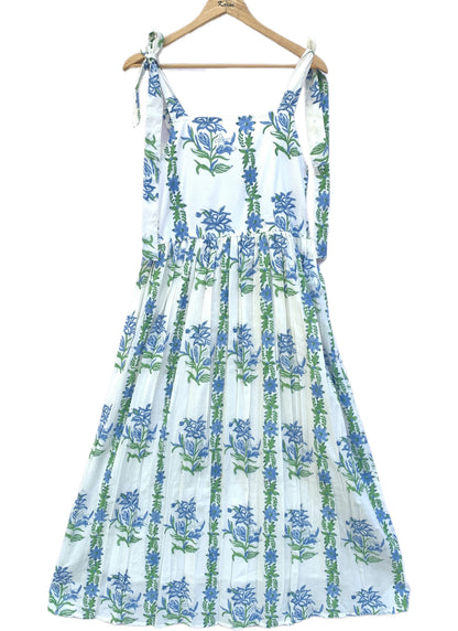Blue Floral Hand Block Printed Cotton Midi Dress – Tie Strap Boho Summer Dress