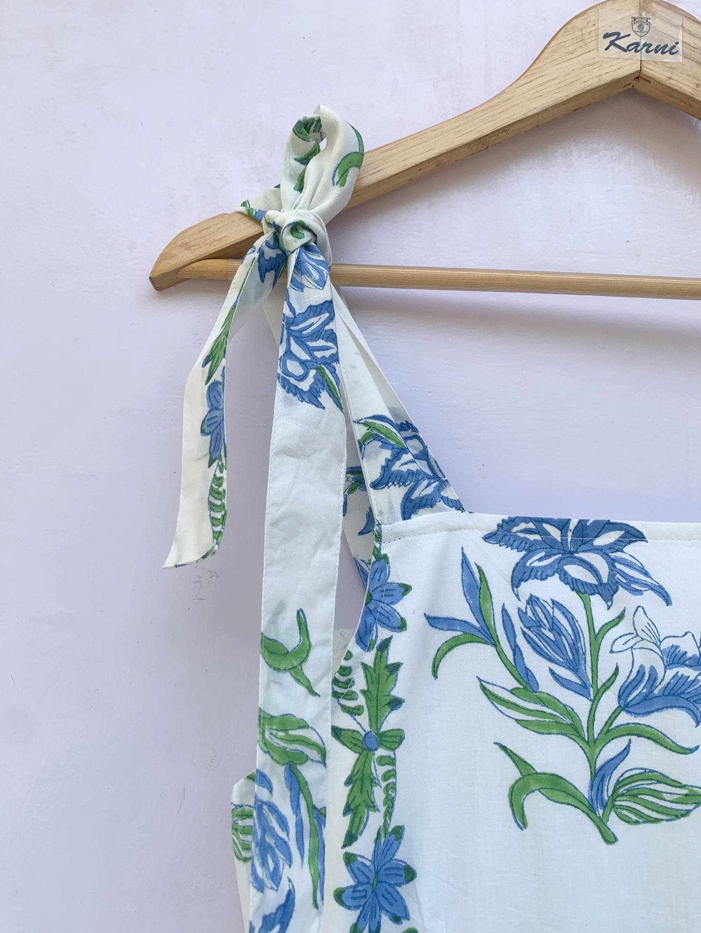 Blue Floral Hand Block Printed Cotton Midi Dress – Tie Strap Boho Summer Dress