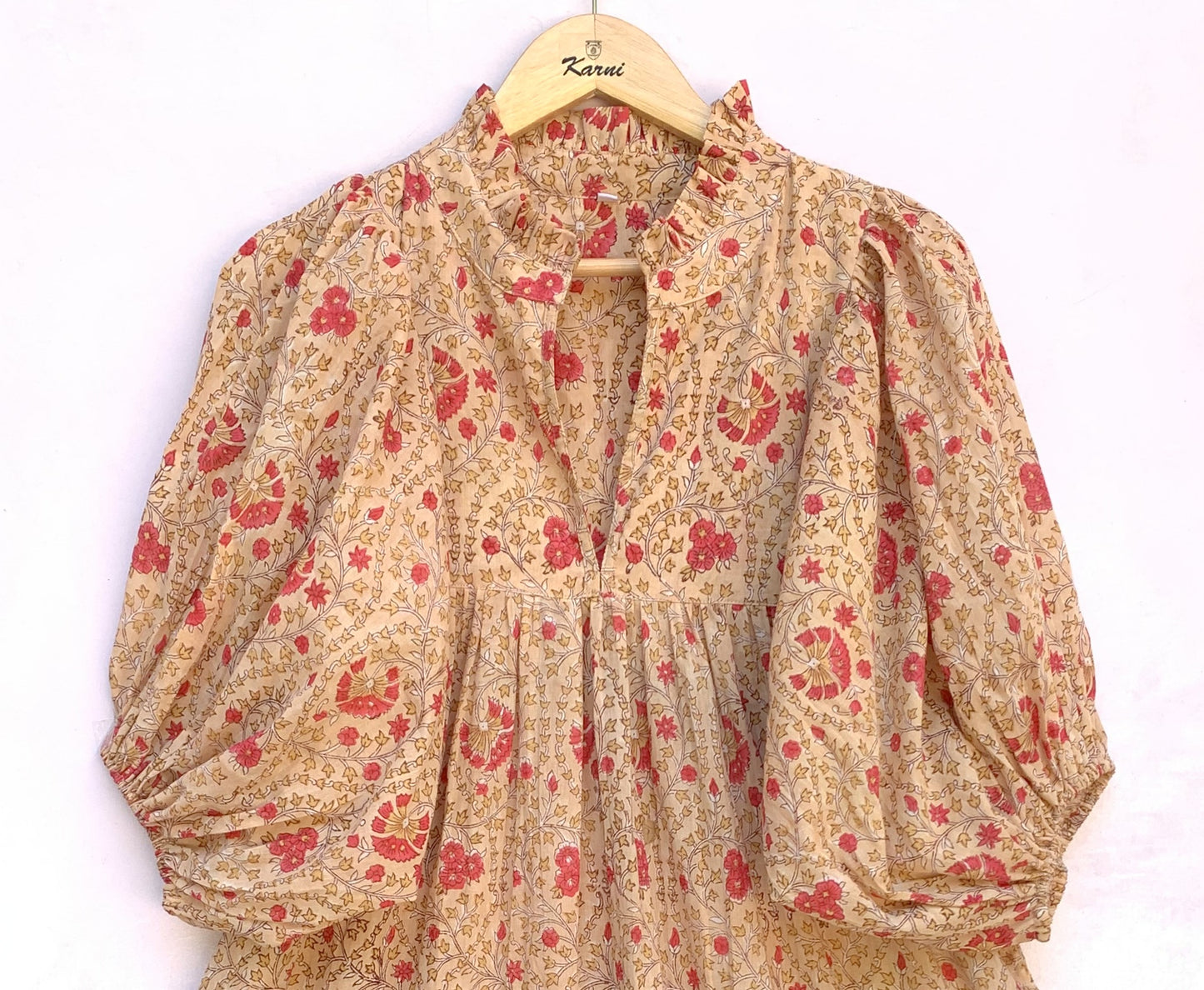 formal orange-red floral hand block printed women's maxi dress