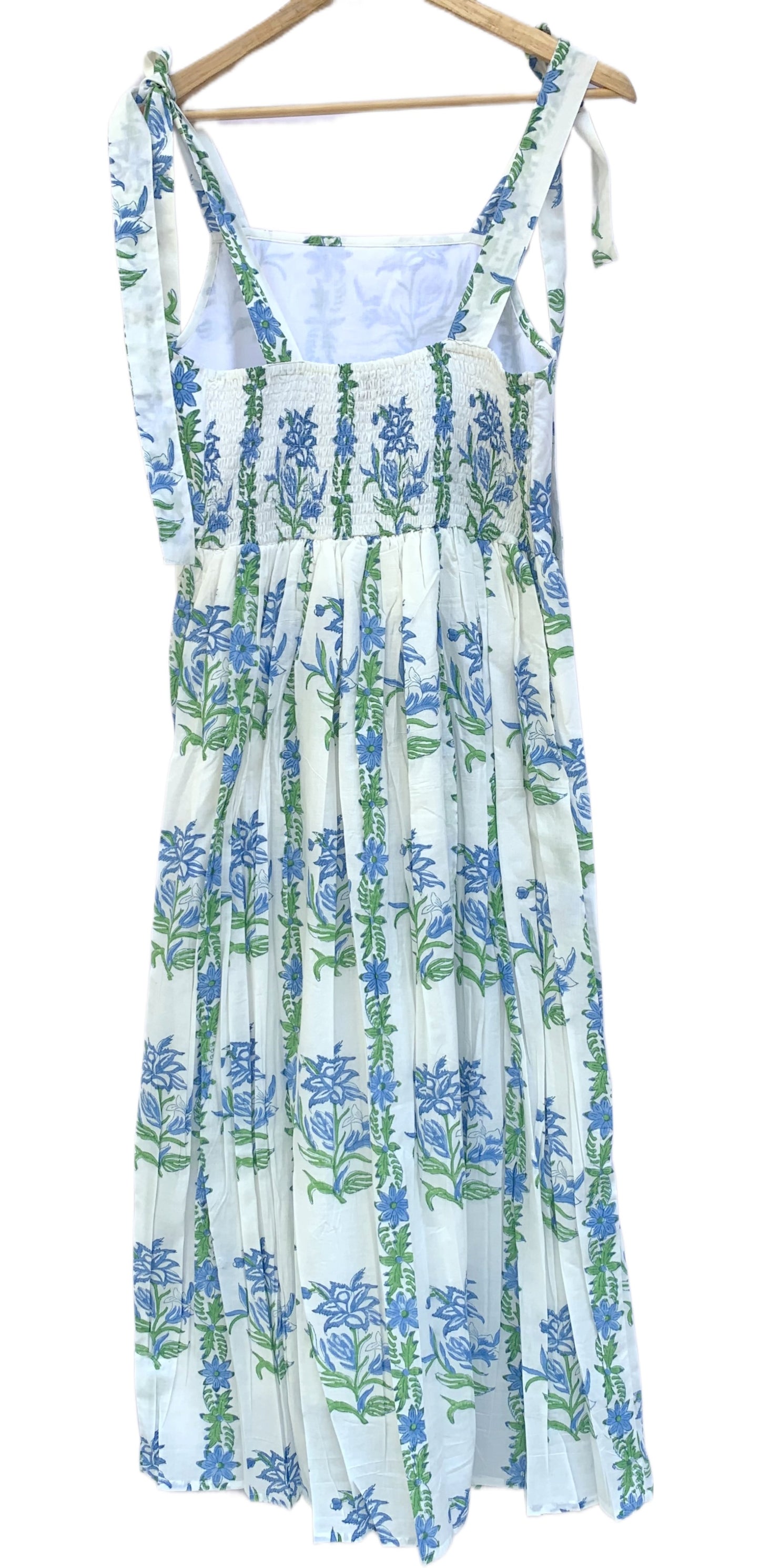 Blue Floral Hand Block Printed Cotton Midi Dress – Tie Strap Boho Summer Dress