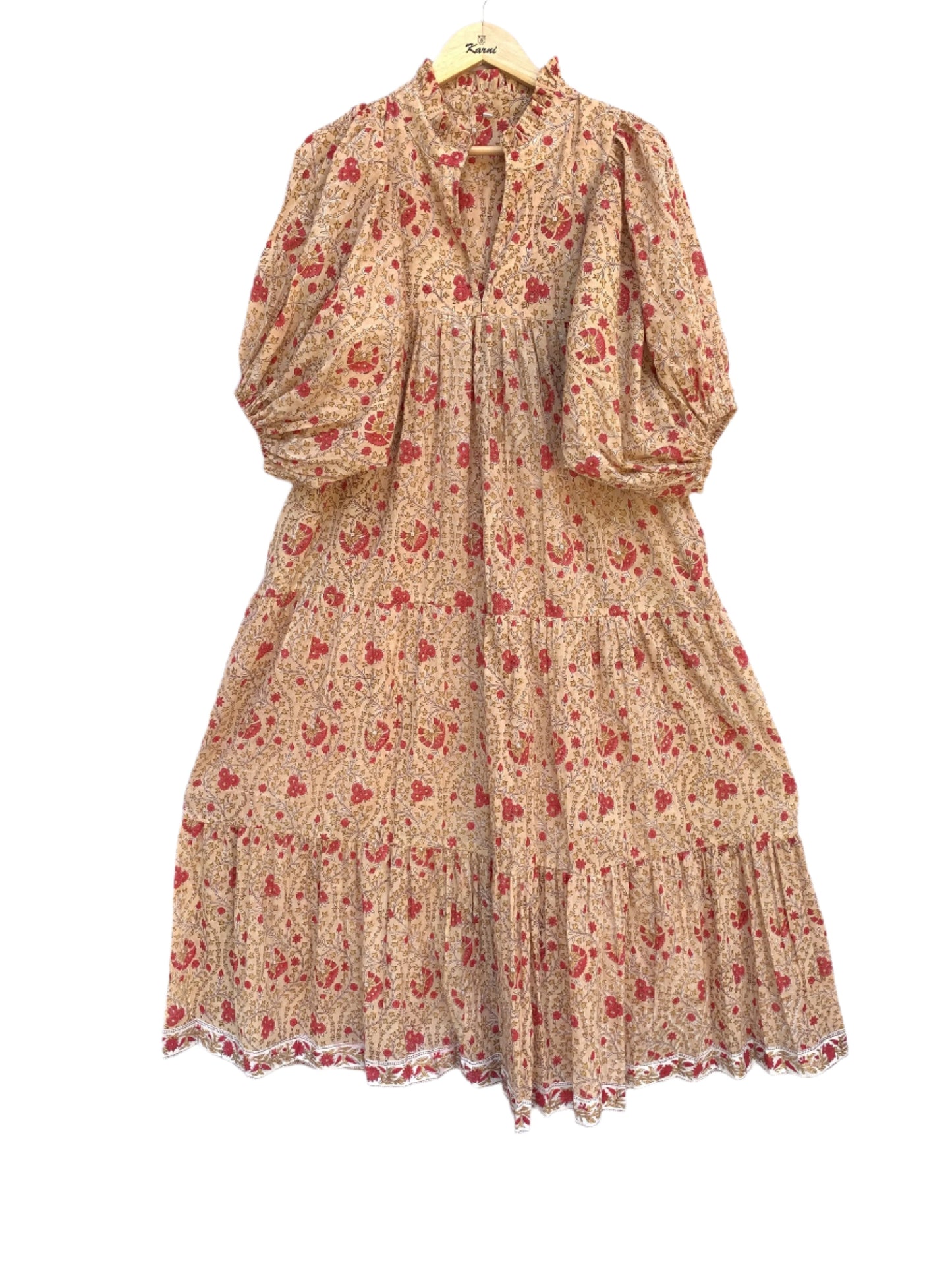 formal orange-red floral hand block printed women's maxi dress