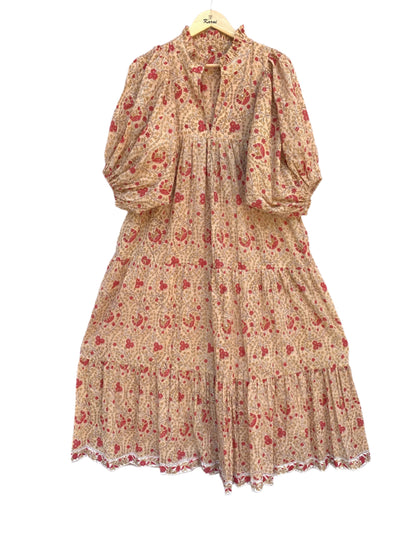 formal orange-red floral hand block printed women's maxi dress