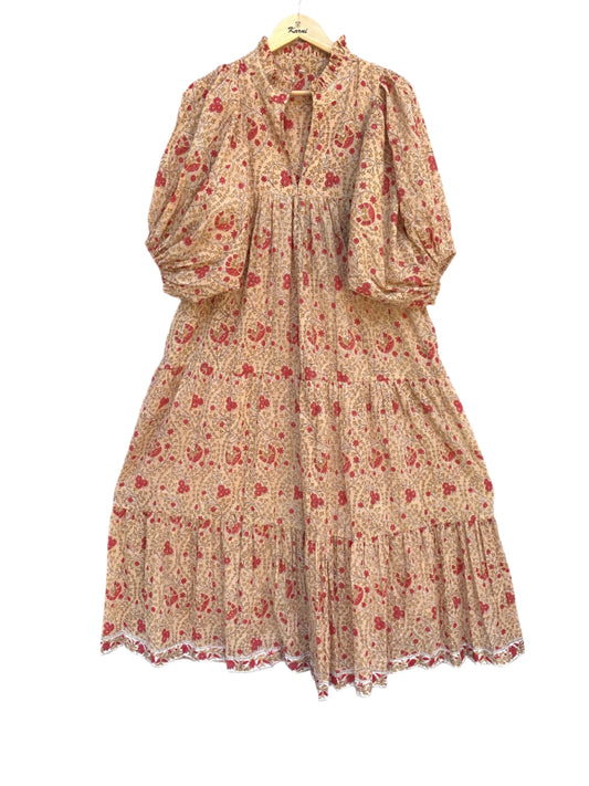 formal orange-red floral hand block printed women's maxi dress