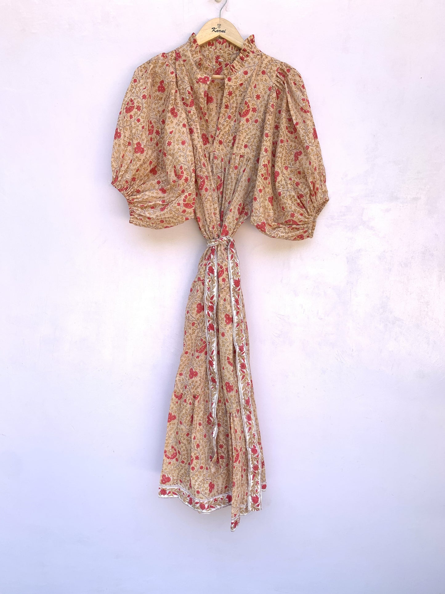 formal orange-red floral hand block printed women's maxi dress