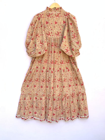 formal orange-red floral hand block printed women's maxi dress