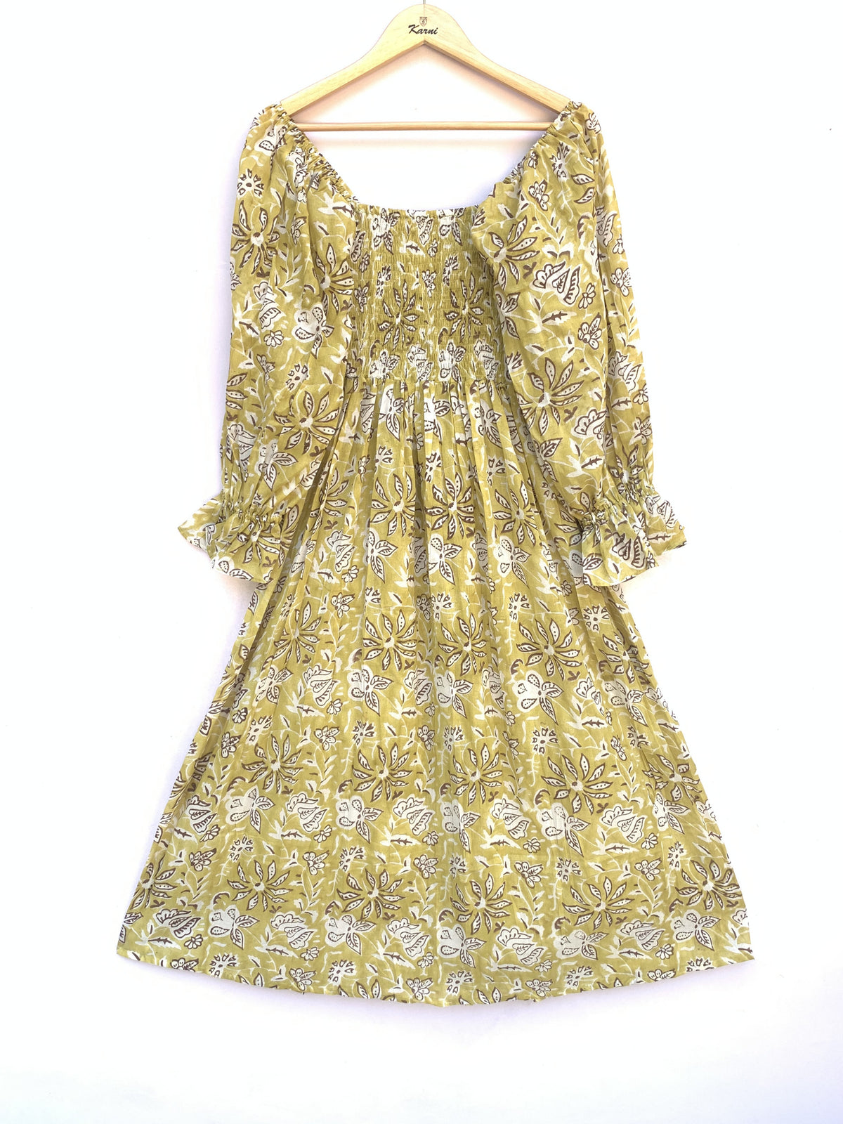 cotton yellow-brown floral printed women's maxi dress