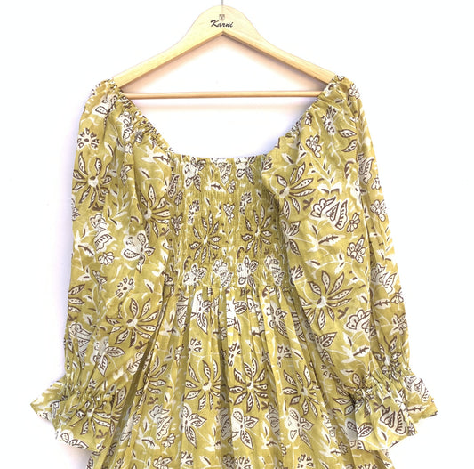 Mustard Yellow Floral Maxi Midi Dress – Long Sleeve Block Print Bohemian Dress